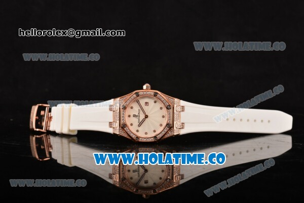 Audemars Piguet Royal Oak Lady Swiss Quartz Rose Gold/Diamonds Case with White Rubber Strap and White Dial (EF) - Click Image to Close